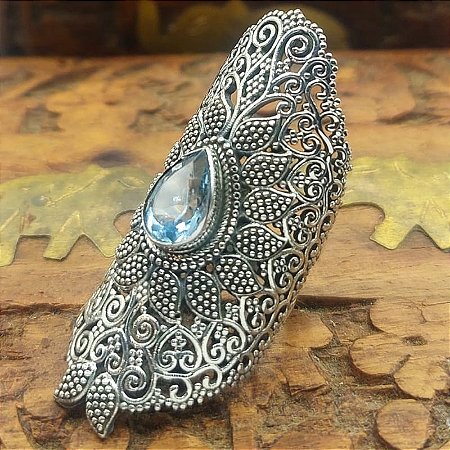 Anel Prata Bali 925 - Pedra Topázio Azul - Filigrana - Lançamento