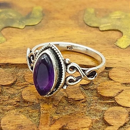 Anel Prata 925 Navete Pedra Ametista - Lançamento