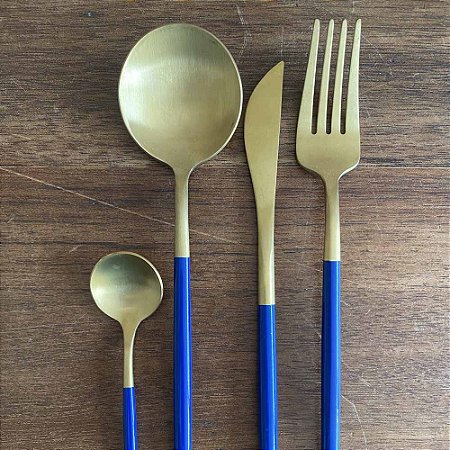 Jogo Talheres (garfo/faca/colher sopa/ colher sobremesa) inox cores Dourado com Azul/Branco/Preto/Rosa - Modelo Wolff