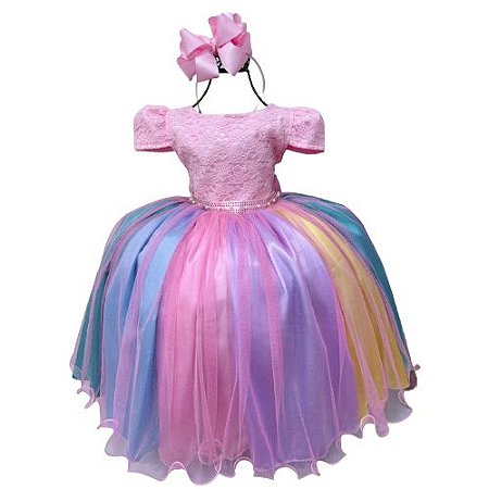 Vestido de Festa Infantil Unicórnio Arco Iris Luxo - D'anjos Kids