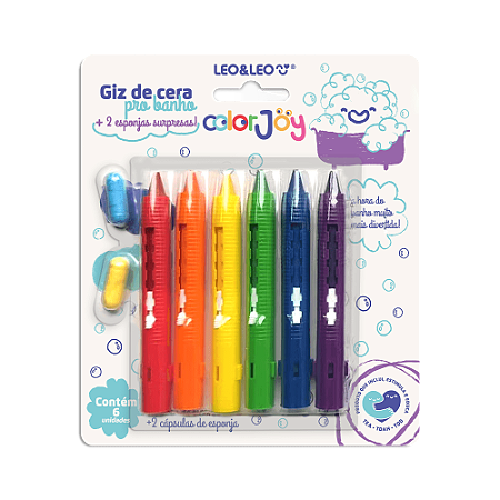 GIZ DE CERA RETRÁTIL C/ 6 CORES PARA BANHO C/ 2 CÁPSULAS DE ESPONJA SURPRESA