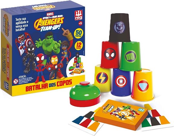 Jogo Batalha dos Copos Avengers Marvel Nig 12 Copos + Campainha Jogo de Agilidade Infantil +5