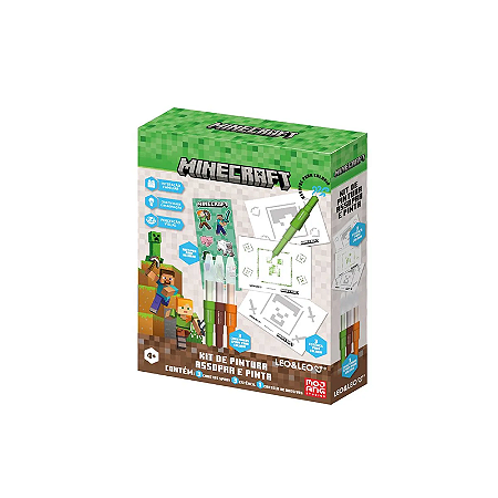 Kit de Pintura Assopra e Pinta Minecraft Caixa Leo&Leo + Adesivos e Canetas Spray