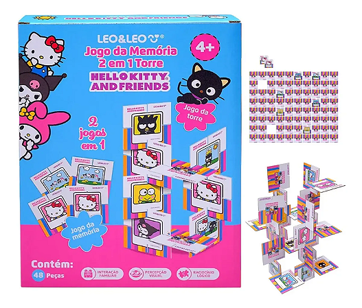 Jogo da Memória 2 em 1 Torre Hello Kitty e Amigos 48 Peças Leo&Leo Educativo
