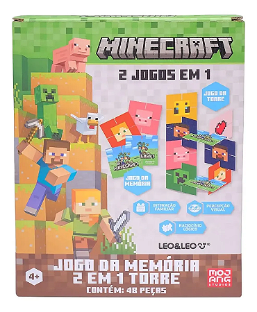 Jogo da Memória 2 em 1 Torre Minecraft 48 Peças Leo&Leo Educativo Infantil