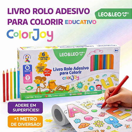Livro Rolo Adesivo para Colorir 1,15m + 6 Lápis Educativo Infantil Leo&Leo