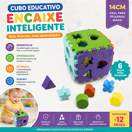 Brinquedo Educativo Cubo de Encaixe Infantil 14cm Coordenação Motora e Raciocínio