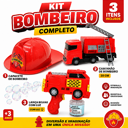 Kit Bombeiro Infantil Completo 3 Peças Capacete + Caminhão + Lança Bolhas