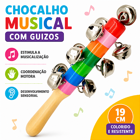 Chocalho Infantil Musical com Guizos Madeira Colorido Educativo