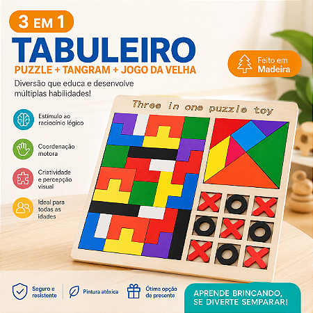 Tabuleiro Educativo 3 em 1 de Madeira Tetris Tangram Jogo da Velha Brinquedo Montessori Infantil