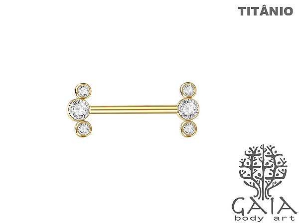 Barbell Mamilo Titânio Dourado Cluster Zircônias