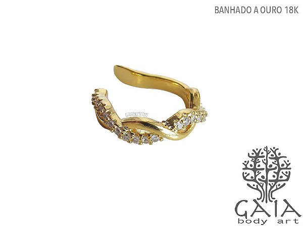 Earcuff Zircônias Dourado Ondas