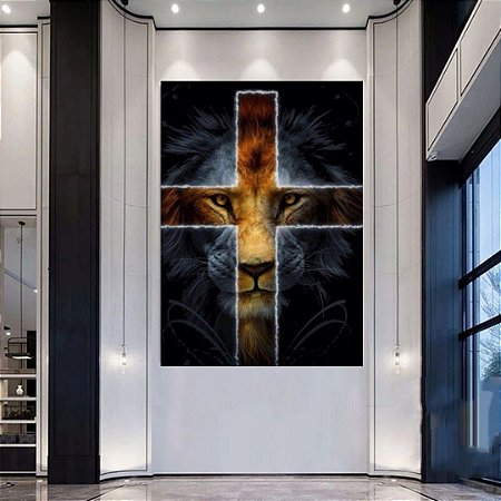 Quadro Decorativo Leão de Judá na Cruz Para Sala e Escritório