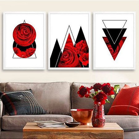 Quadros Decorativos Abstrato Geométrico Vermelho Conjunto Três Quadros