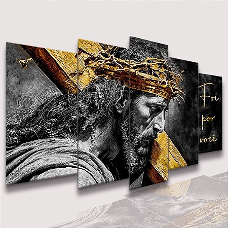 Mosaico 5 Peças para Sala Jesus Cristo Barba Dourada Leão de Juda