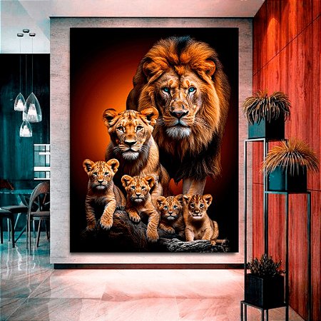 Quadro Decorativo Premium Moderno Sala de Estar Família de Leão Com Coroa  Quatro Filhotes