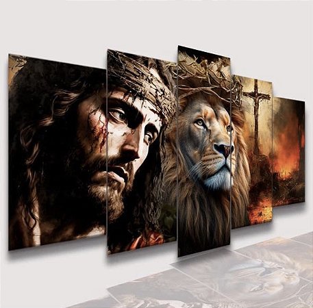 Mosaico 5 Peças para Sala Jesus Cristo Leão de Judá em Chamas