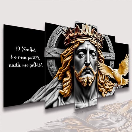 Mosaico 5 Peças para Sala Jesus Cristo Barba Dourada