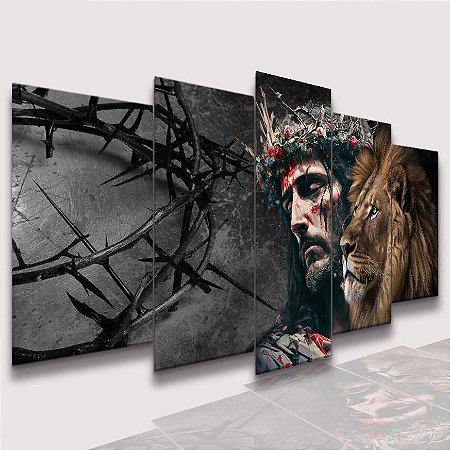Mosaico 5 Peças para Sala Jesus Cristo Coroa Cinza