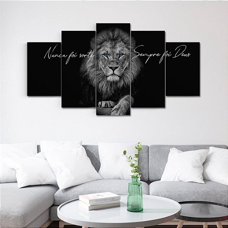 Mosaico 5 Peças para Sala Leão com Frase Preto Branco