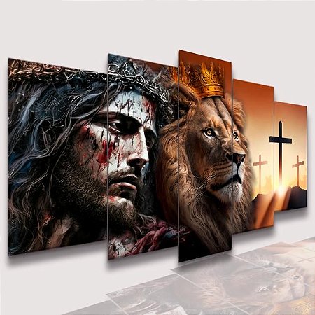 Mosaico 5 Peças para Sala Leão com Jesus e Coroa