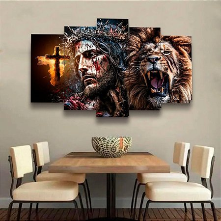 Mosaico 5 Peças para Sala Jesus Cristo, Leão e Cruz de Fogo