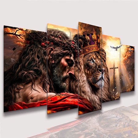 Mosaico 5 Peças para Sala Jesus, Leão de Coroa