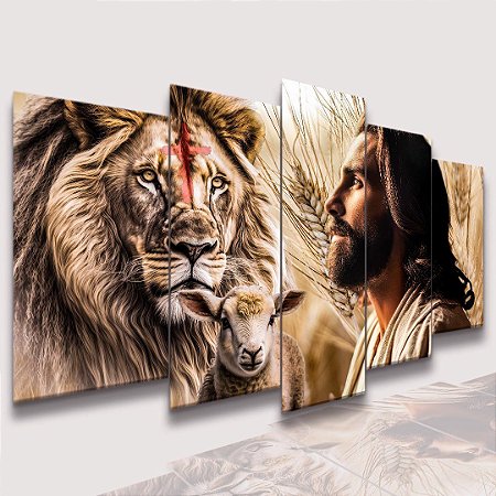 Mosaico 5 Peças para Sala Jesus Cristo , Leão e ovelha