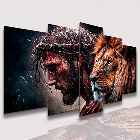 Mosaico 5 Peças para Sala Jesus Cristo, Leão na Chuva