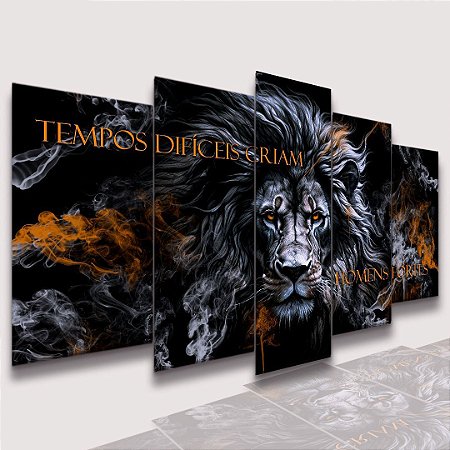 Mosaico 5 Peças para Sala Leão  Frase Tempos Difíceis Criam Homens Fortes