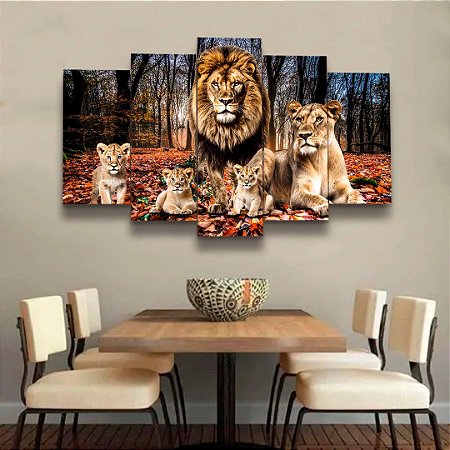 Mosaico 5 Peças para Sala  Paisagem Família de Leão com 3 Filhotes
