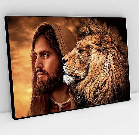 Quadro Decorativo Sala de Estar Pintura Leão com Cristo