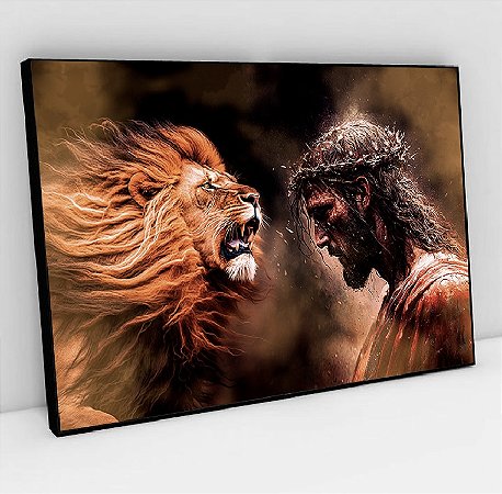 Quadro Decorativo Sala de Estar Pintura Leão com Cristo