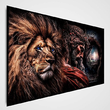 Quadro Decorativo Sala de Estar Pintura Leão com Cristo