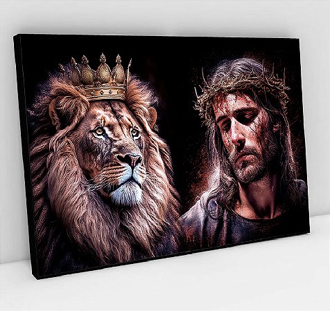 Quadro Decorativo Sala de Estar Pintura Leão com Cristo