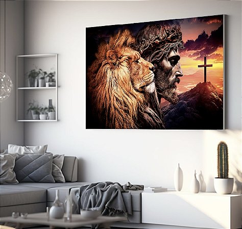 Quadro Decorativo Sala de Estar Pintura Leão com Cristo