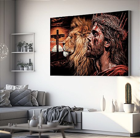 Quadro Decorativo Sala de Estar Pintura Leão com Cristo