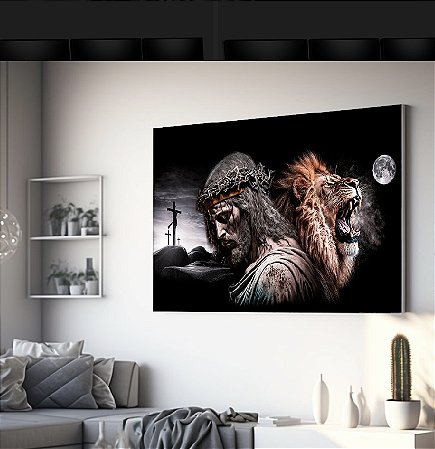 Quadro Decorativo Sala de Estar Pintura Leão com Cristo