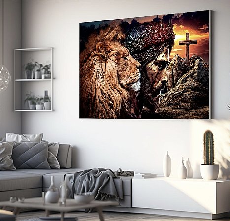 Quadro Decorativo Sala de Estar Pintura Leão com Cristo