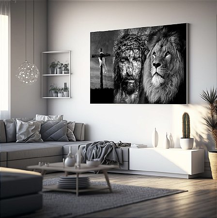 Quadro Decorativo Sala de Estar Pintura Leão com Jesus