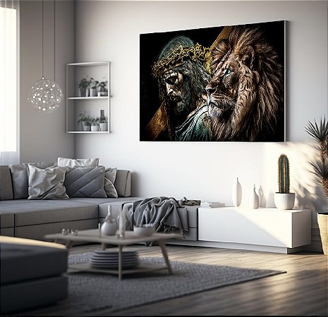 Quadro Decorativo Sala de Estar Pintura Leão com Jesus