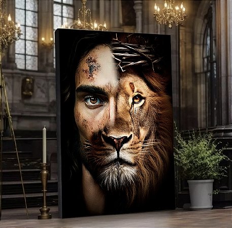 Quadro Decorativo Sala de Estar Pintura Leão com Jesus
