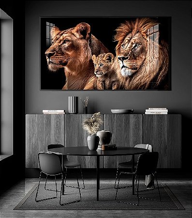 Quadro Decorativo Sala de Estar Pintura Leão Com Filhotes