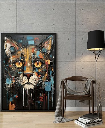 Quadro Decorativo Sala de Estar Pintura Gato Colorido
