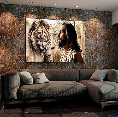 Quadro Decorativo Sala de Estar Pintura Leão e Jesus