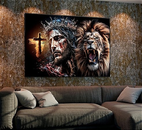 Quadro Decorativo Sala de Estar Pintura Leão e Jesus