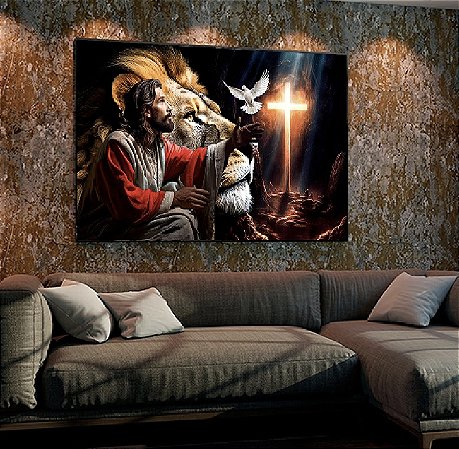 Quadro Decorativo Sala de Estar Pintura Leão e Jesus