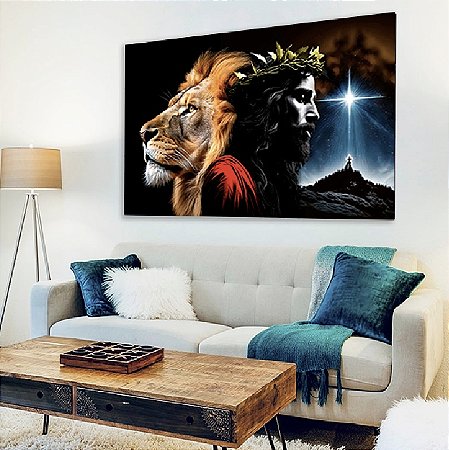 Quadro Decorativo Sala de Estar Pintura Leão e Jesus