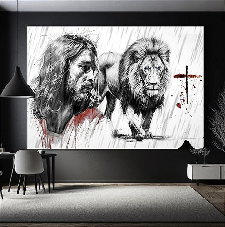 Quadro Decorativo Sala de Estar Pintura Leão e Jesus