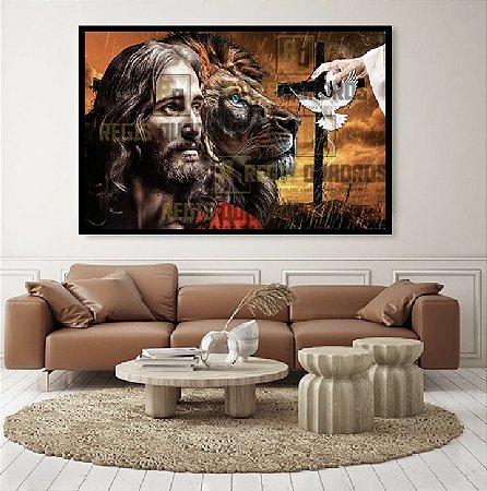 Quadro Decorativo Sala de Estar Pintura Leão e Jesus